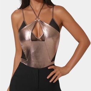 bebe Metallic Bronze Halter Bodysuit